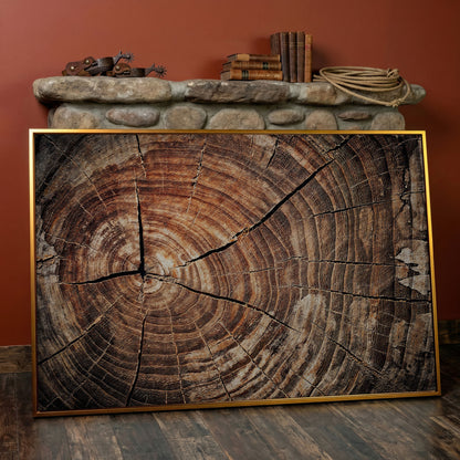 Old Oak Stump Canvas Print with Tree Rings in antique gold floating frame