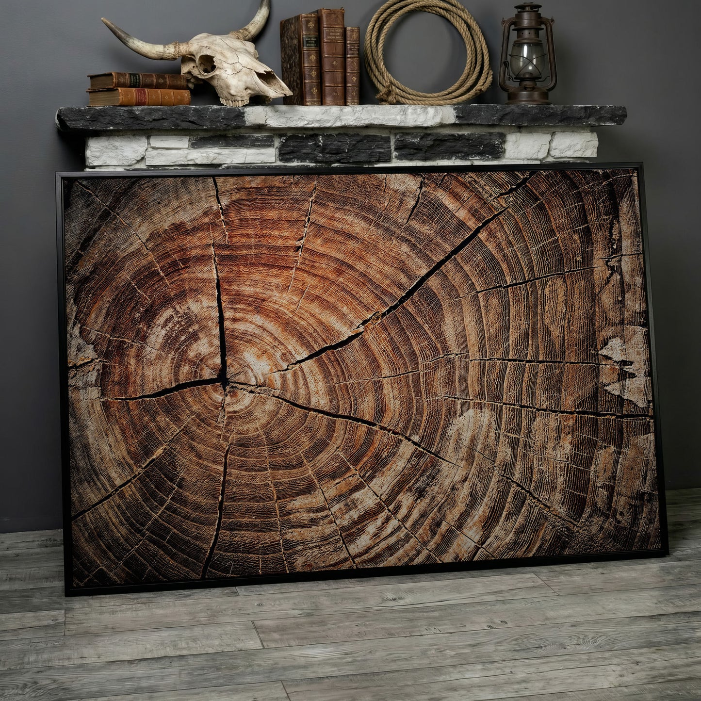 Old Oak Stump Canvas Print with Tree Rings in black floating frame