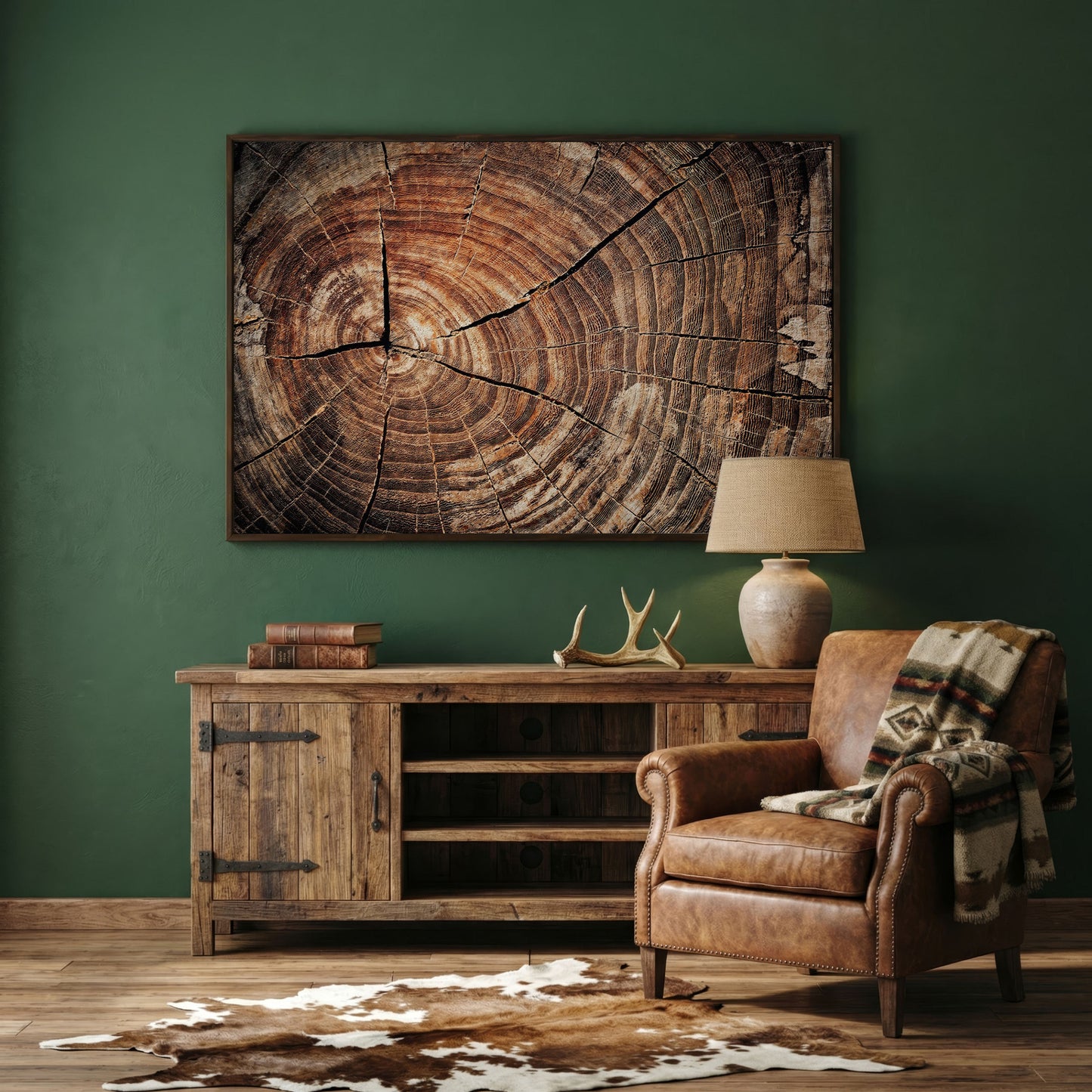 Old Oak Stump Canvas Print with Tree Rings in dark walnut floating frame