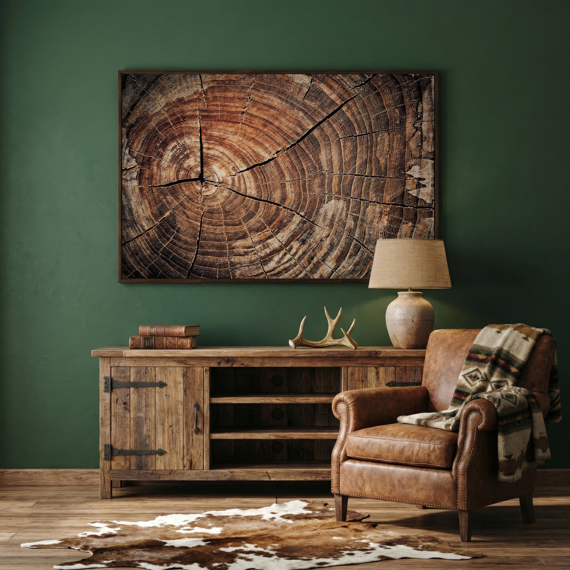 Old Oak Stump Canvas Print with Tree Rings in dark walnut floating frame
