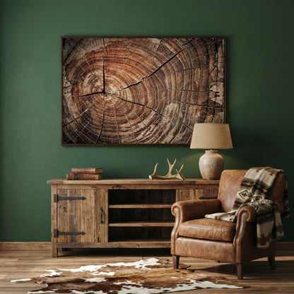 Old Oak Stump Canvas Print with Tree Rings in dark walnut floating frame