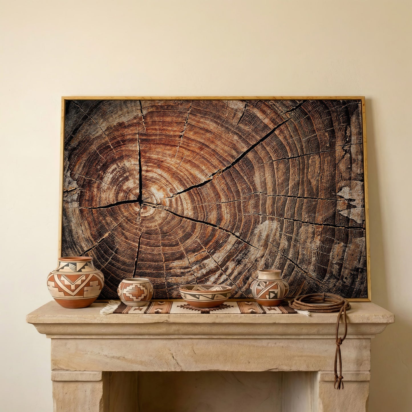 Old Oak Stump Canvas Print with Tree Rings in white oak floating frame