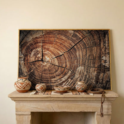 Old Oak Stump Canvas Print with Tree Rings in white oak floating frame