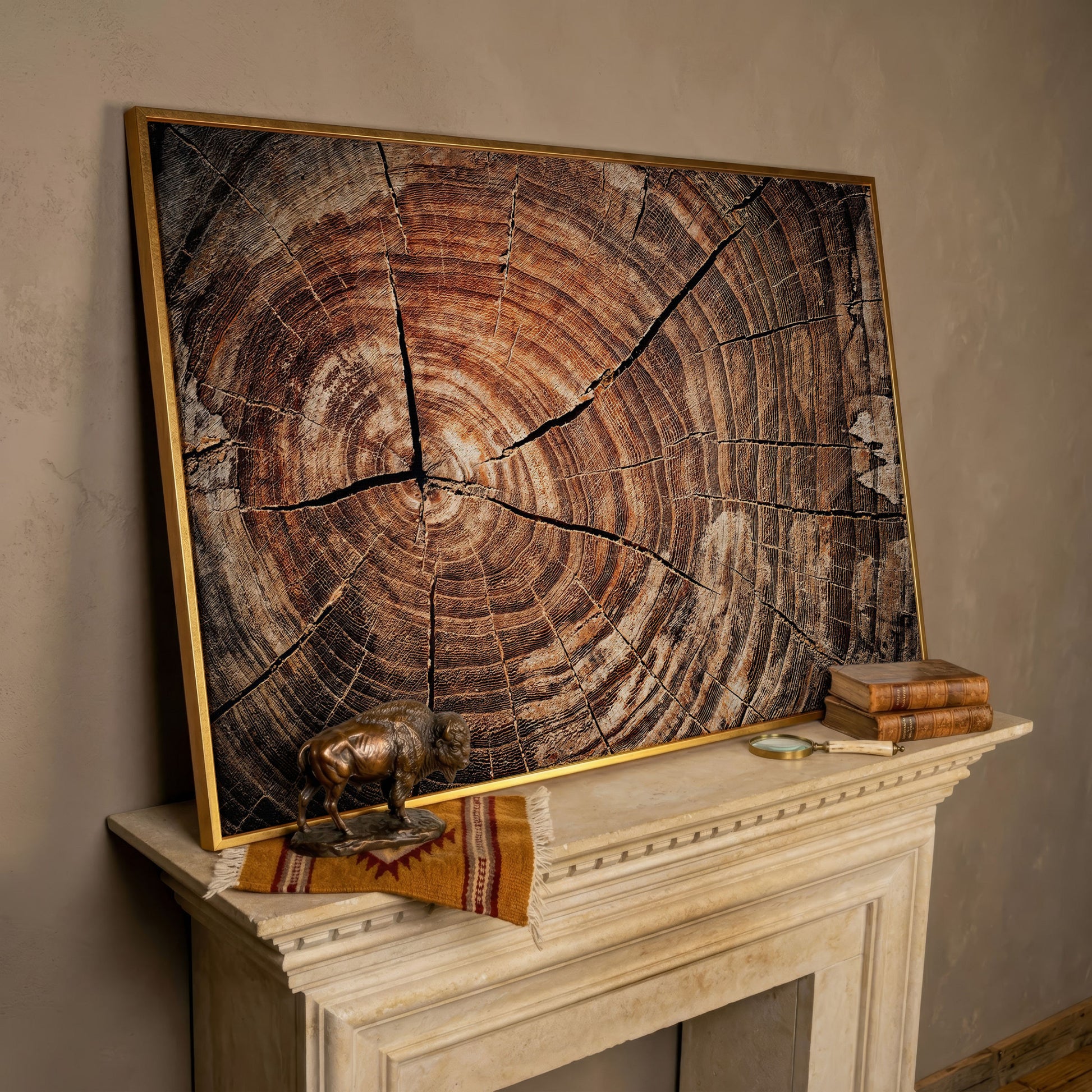 Old Oak Stump Canvas Print with Tree Rings in rose gold floating frame