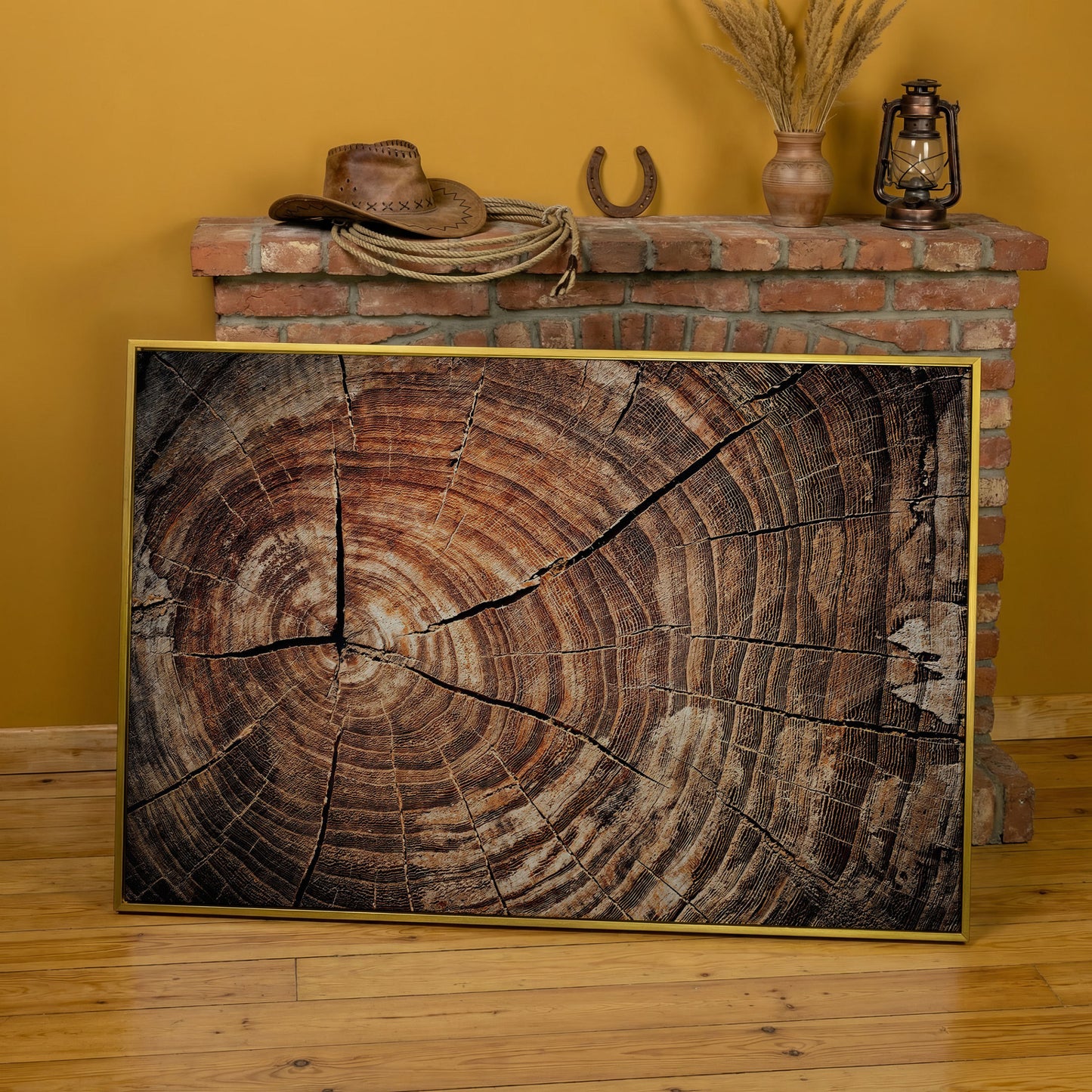 Old Oak Stump Canvas Print with Tree Rings in yellow gold floating frame