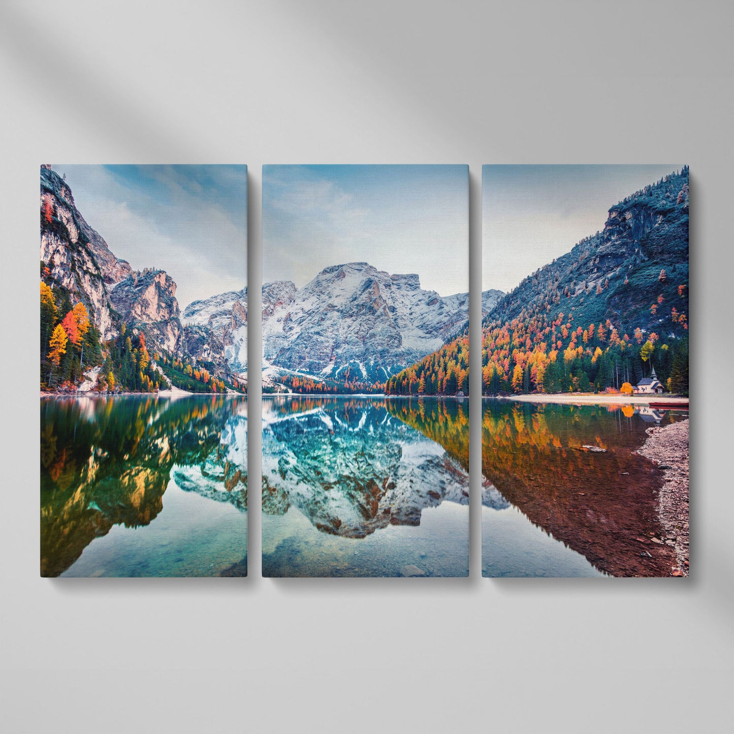 Braies Alpine Lake Canvas Wall Art as 3-panel split version
