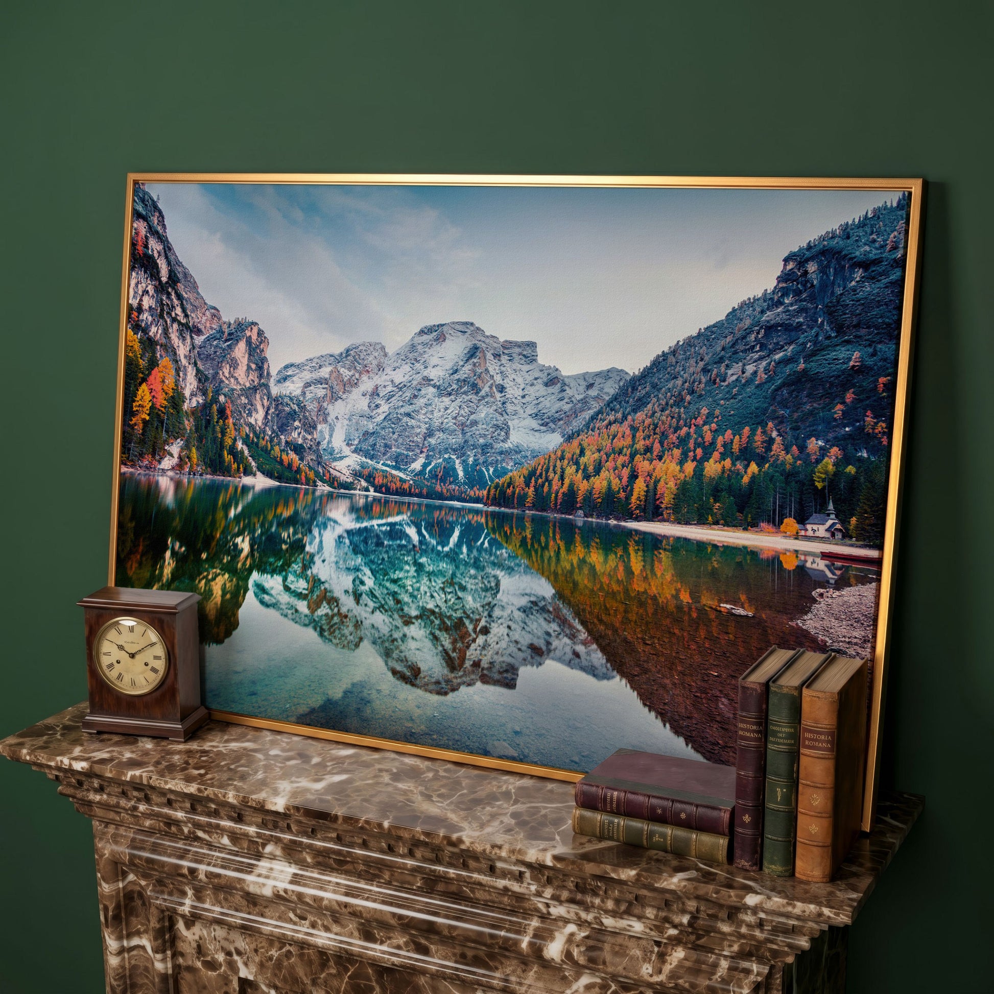 Braies Alpine Lake Canvas Wall Art in antique gold floating frame