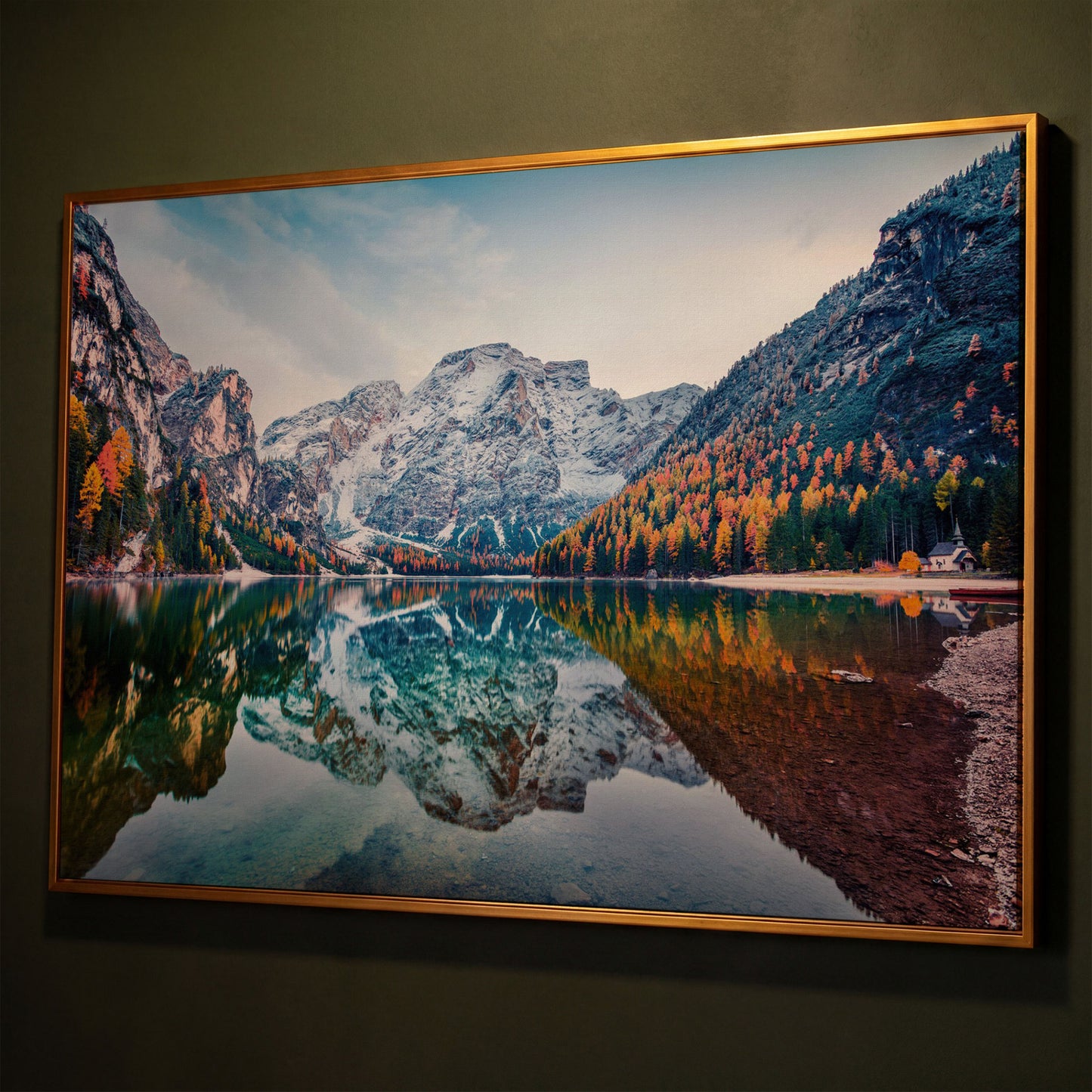 Braies Alpine Lake Canvas Wall Art shown in antique gold floating frame