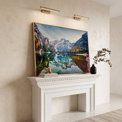 Braies Alpine Lake Canvas Wall Art in white oak floating frame