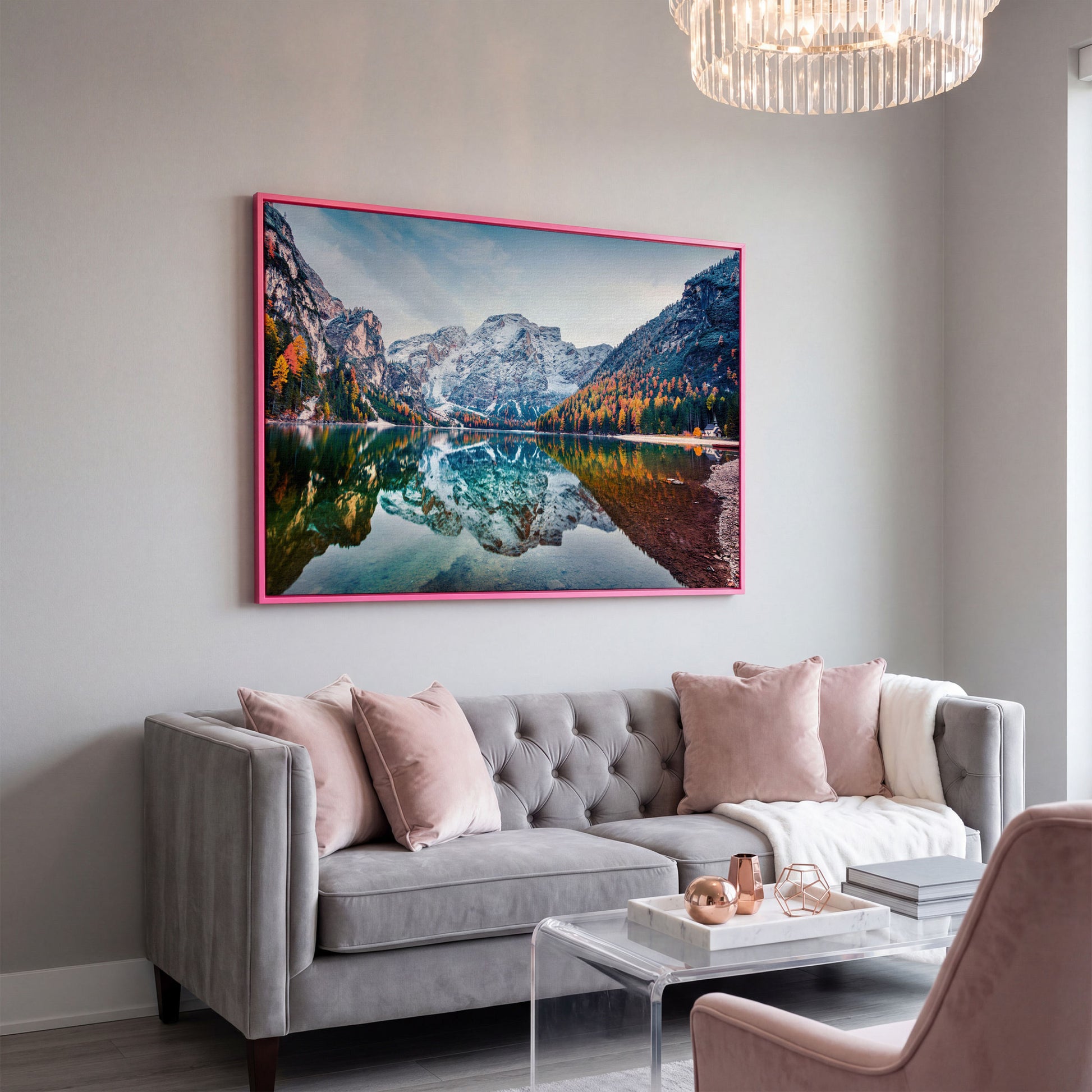 Braies Alpine Lake Canvas Wall Art in pink floating frame