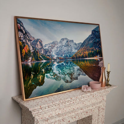 Braies Alpine Lake Canvas Wall Art in rose gold floating frame