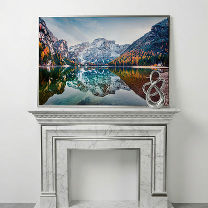 Braies Alpine Lake Canvas Wall Art in silver floating frame
