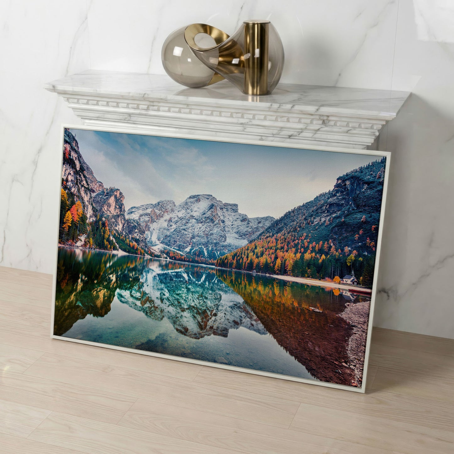 Braies Alpine Lake Canvas Wall Art in white floating frame