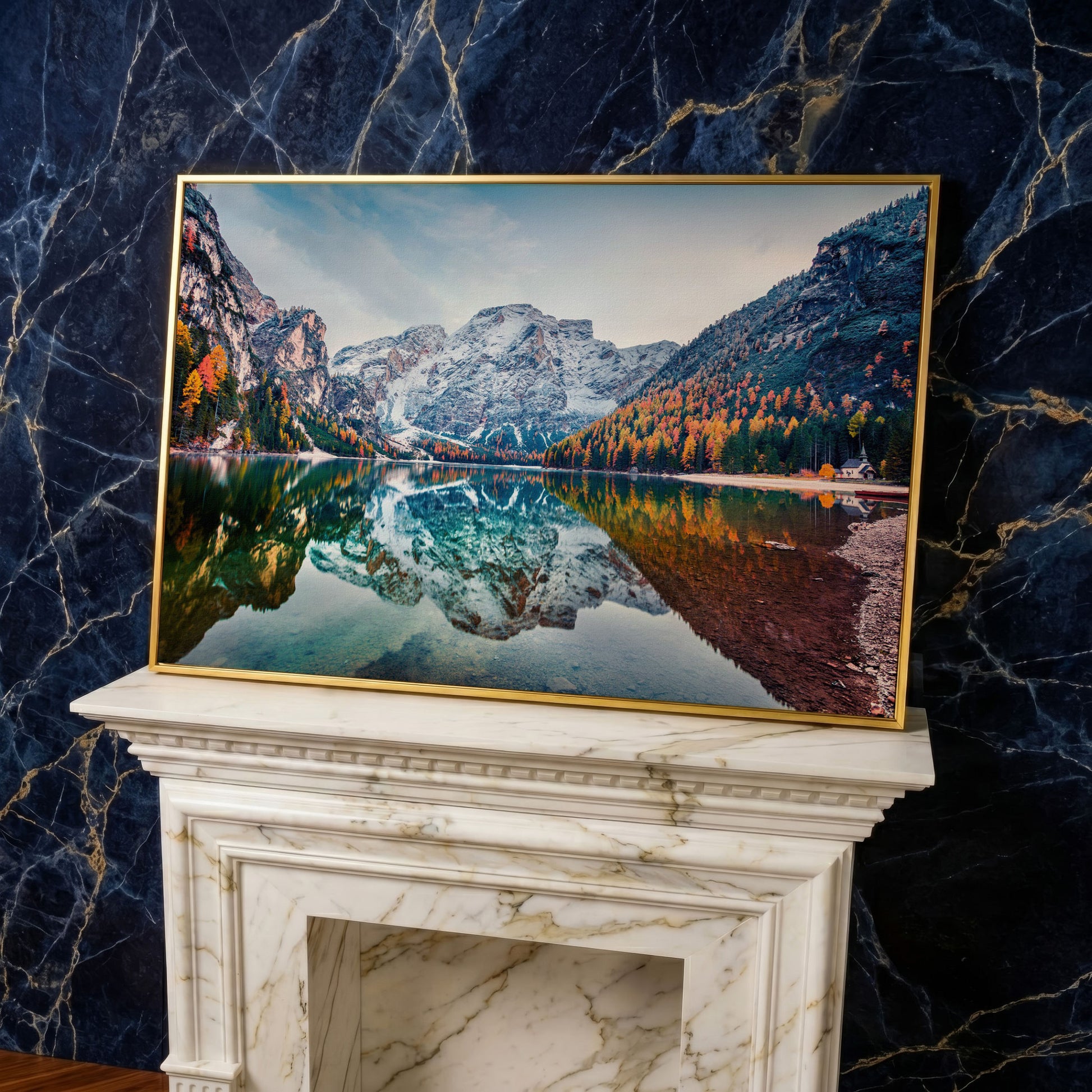 Braies Alpine Lake Canvas Wall Art in yellow gold floating frame