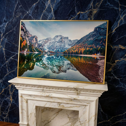 Braies Alpine Lake Canvas Wall Art in yellow gold floating frame