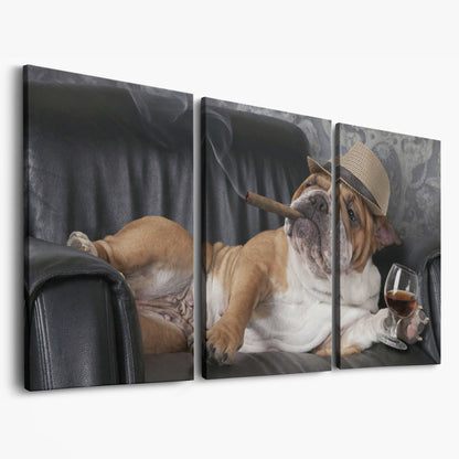 English Bulldog with Cigar and Whiskey Canvas as 3-panel split version