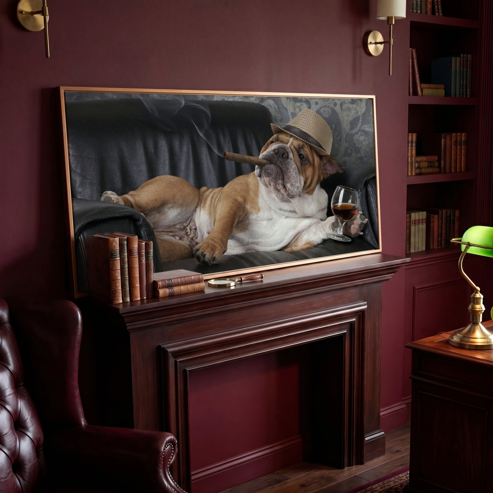 English Bulldog with Cigar and Whiskey Canvas in antique gold floating frame
