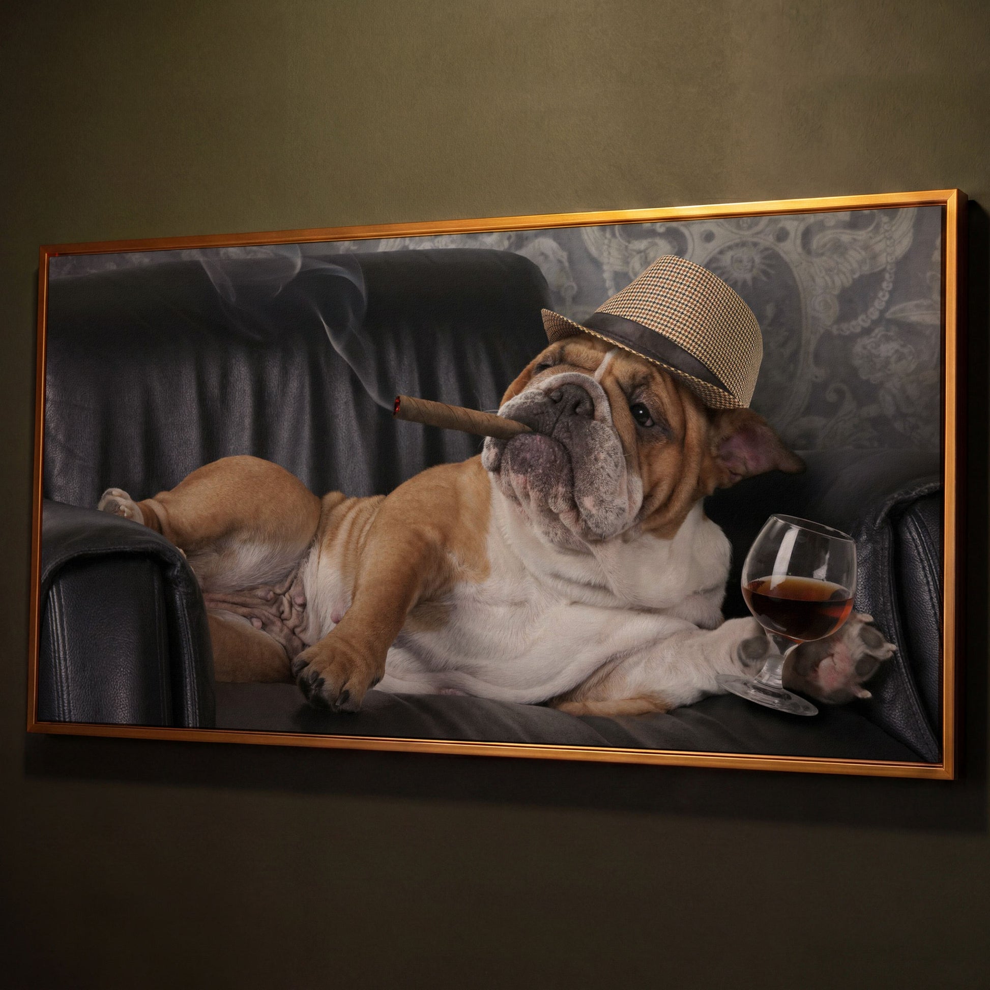 English Bulldog with Cigar and Whiskey Canvas shown in antique gold floating frame