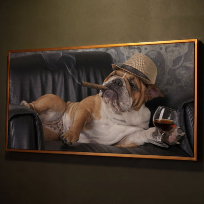 English Bulldog with Cigar and Whiskey Canvas shown in antique gold floating frame