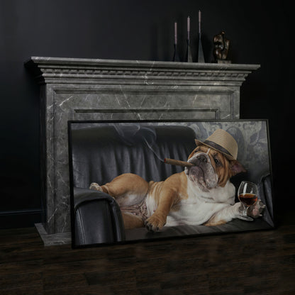 English Bulldog with Cigar and Whiskey Canvas in black floating frame