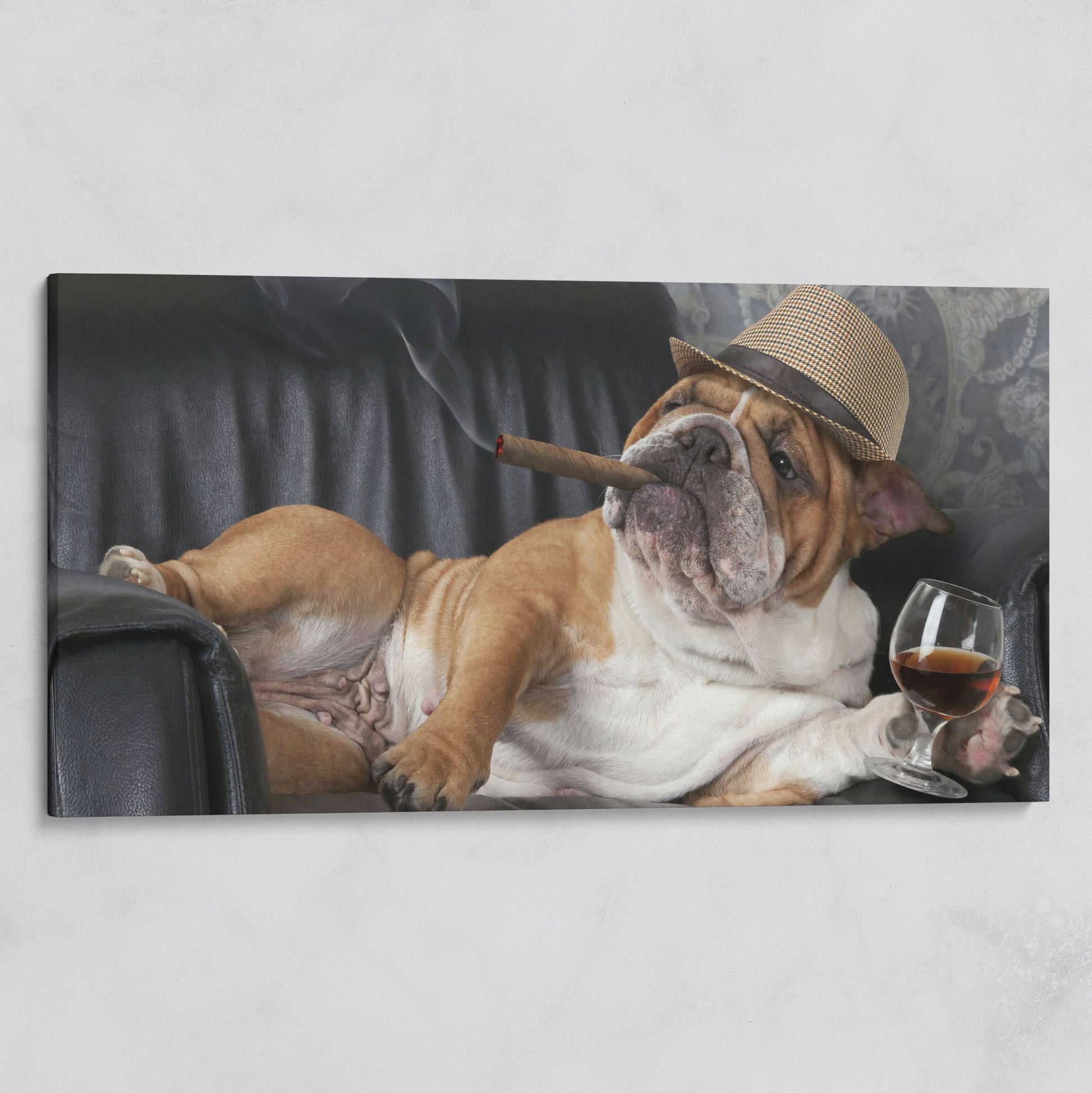 English Bulldog with Cigar and Whiskey Canvas on gallery wrap