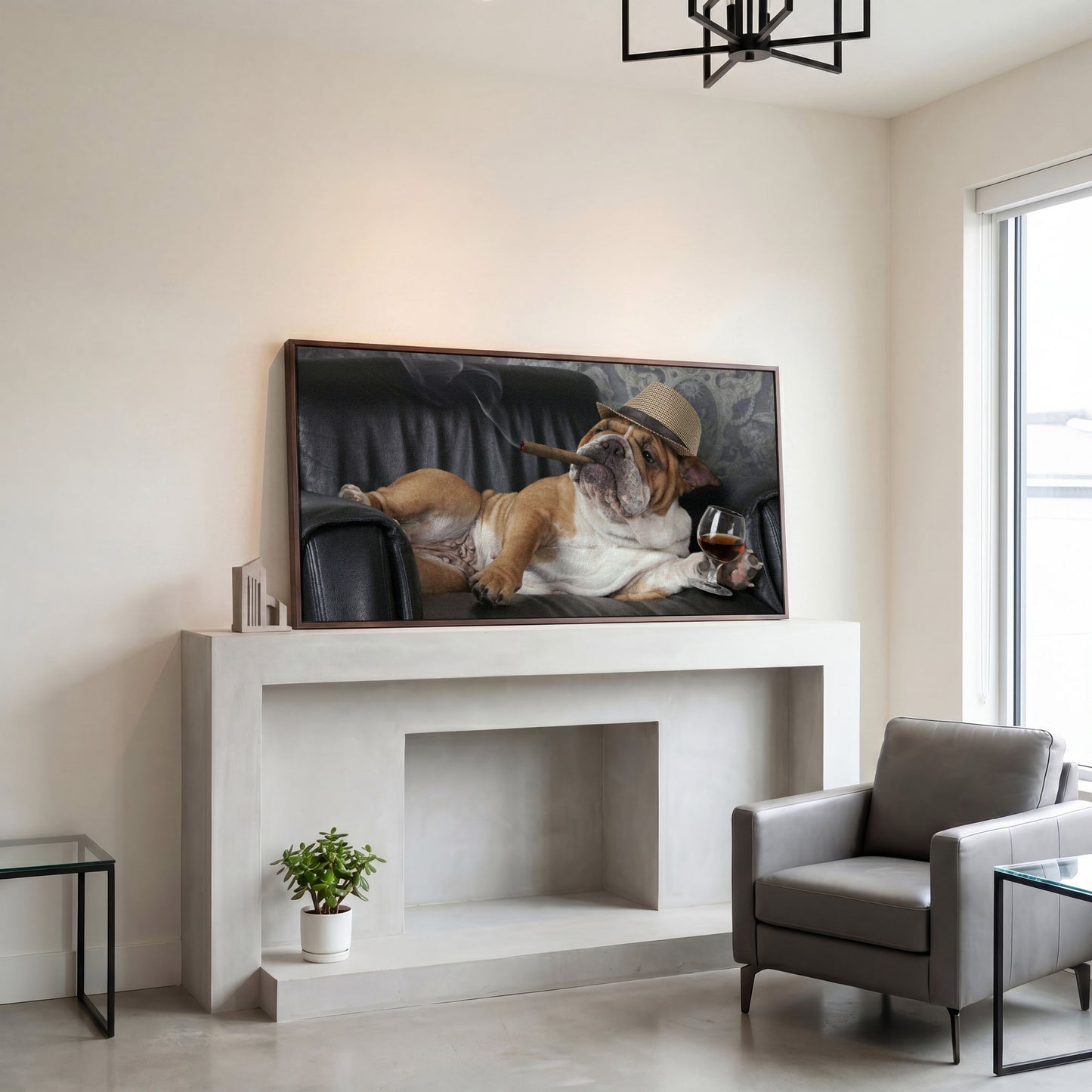 English Bulldog with Cigar and Whiskey Canvas in dark walnut floating frame