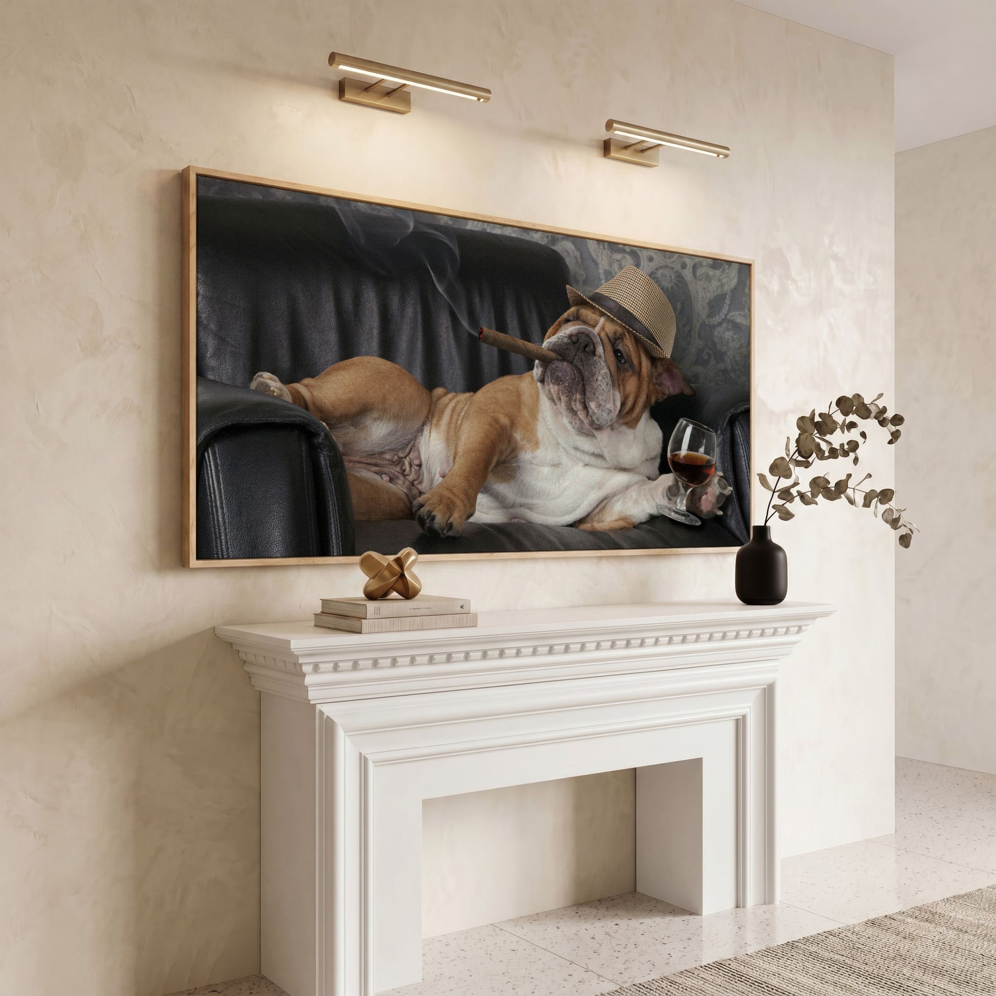 English Bulldog with Cigar and Whiskey Canvas in white oak floating frame