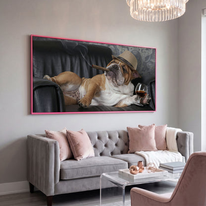 English Bulldog with Cigar and Whiskey Canvas in pink floating frame