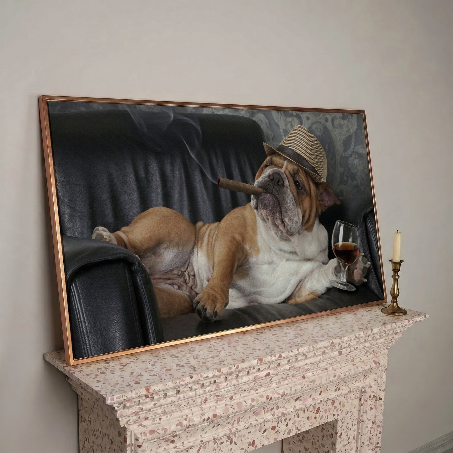 English Bulldog with Cigar and Whiskey Canvas in rose gold floating frame
