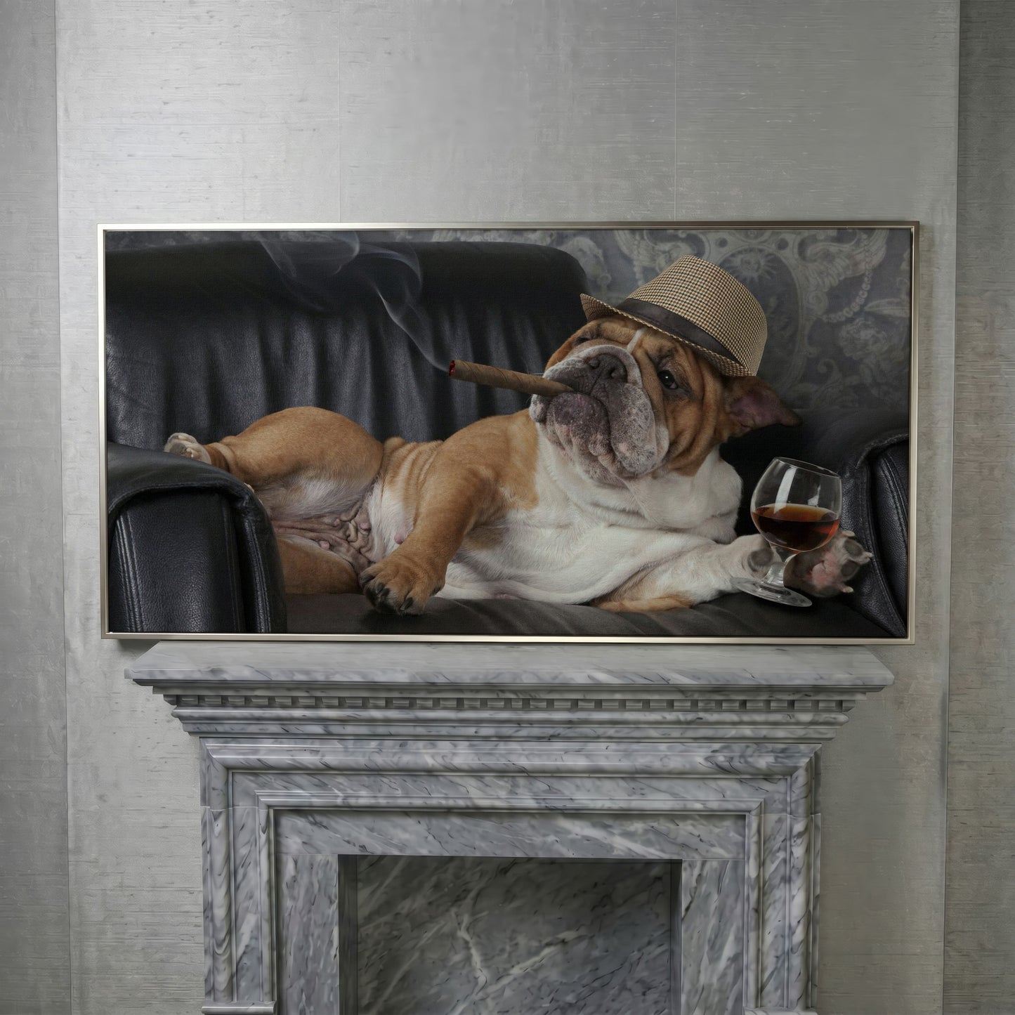 English Bulldog with Cigar and Whiskey Canvas in silver floating frame