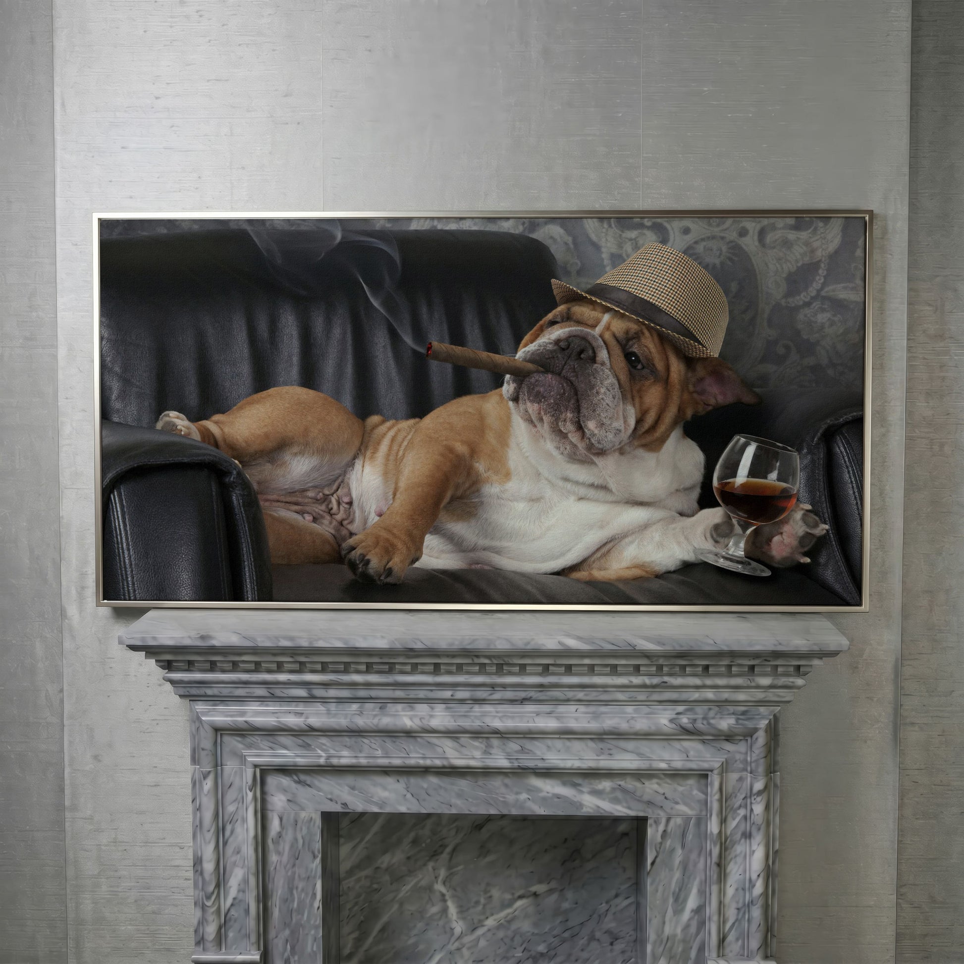 English Bulldog with Cigar and Whiskey Canvas in silver floating frame