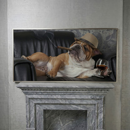 English Bulldog with Cigar and Whiskey Canvas in silver floating frame