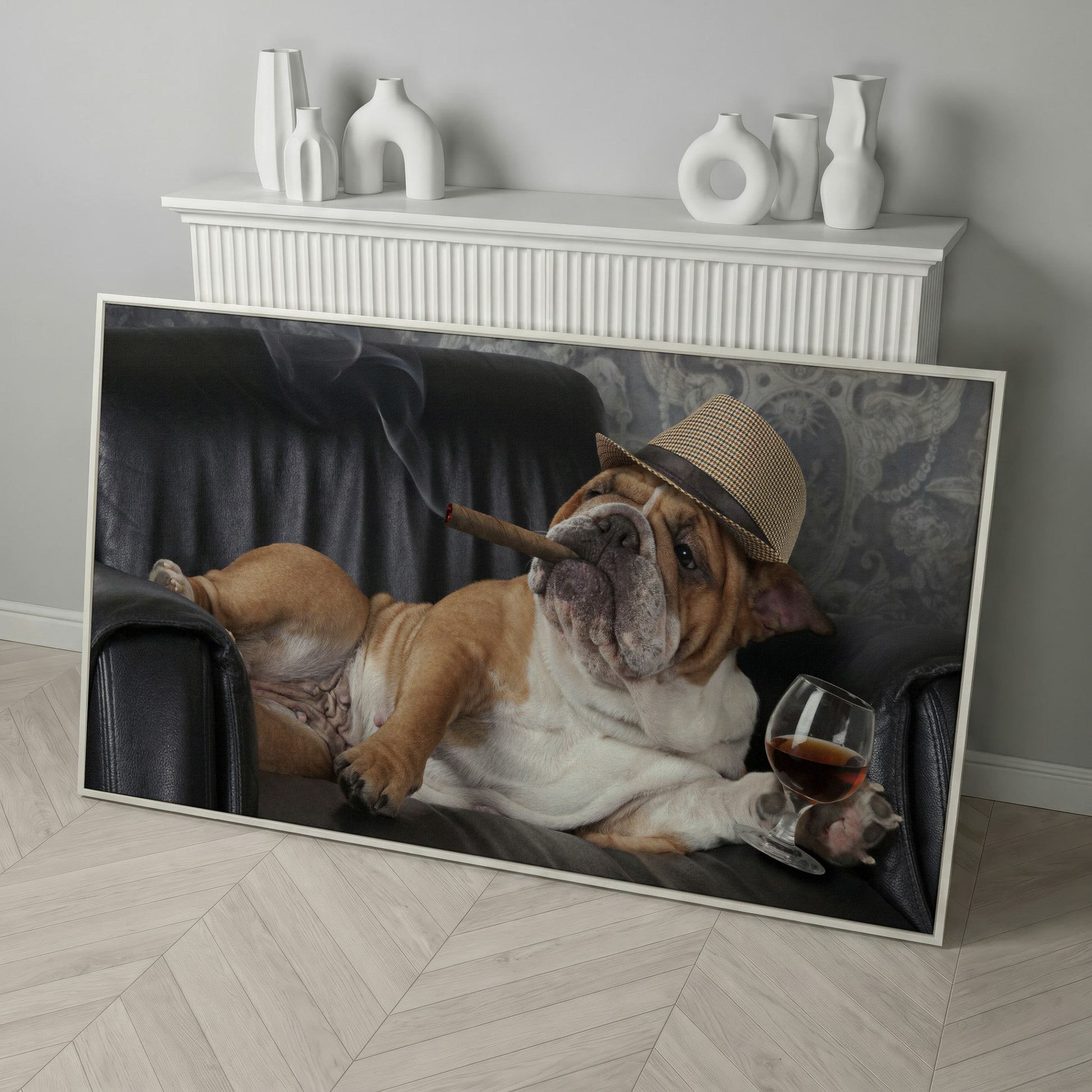 English Bulldog with Cigar and Whiskey Canvas in white floating frame