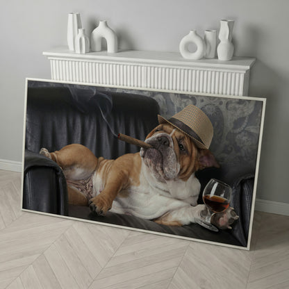 English Bulldog with Cigar and Whiskey Canvas in white floating frame