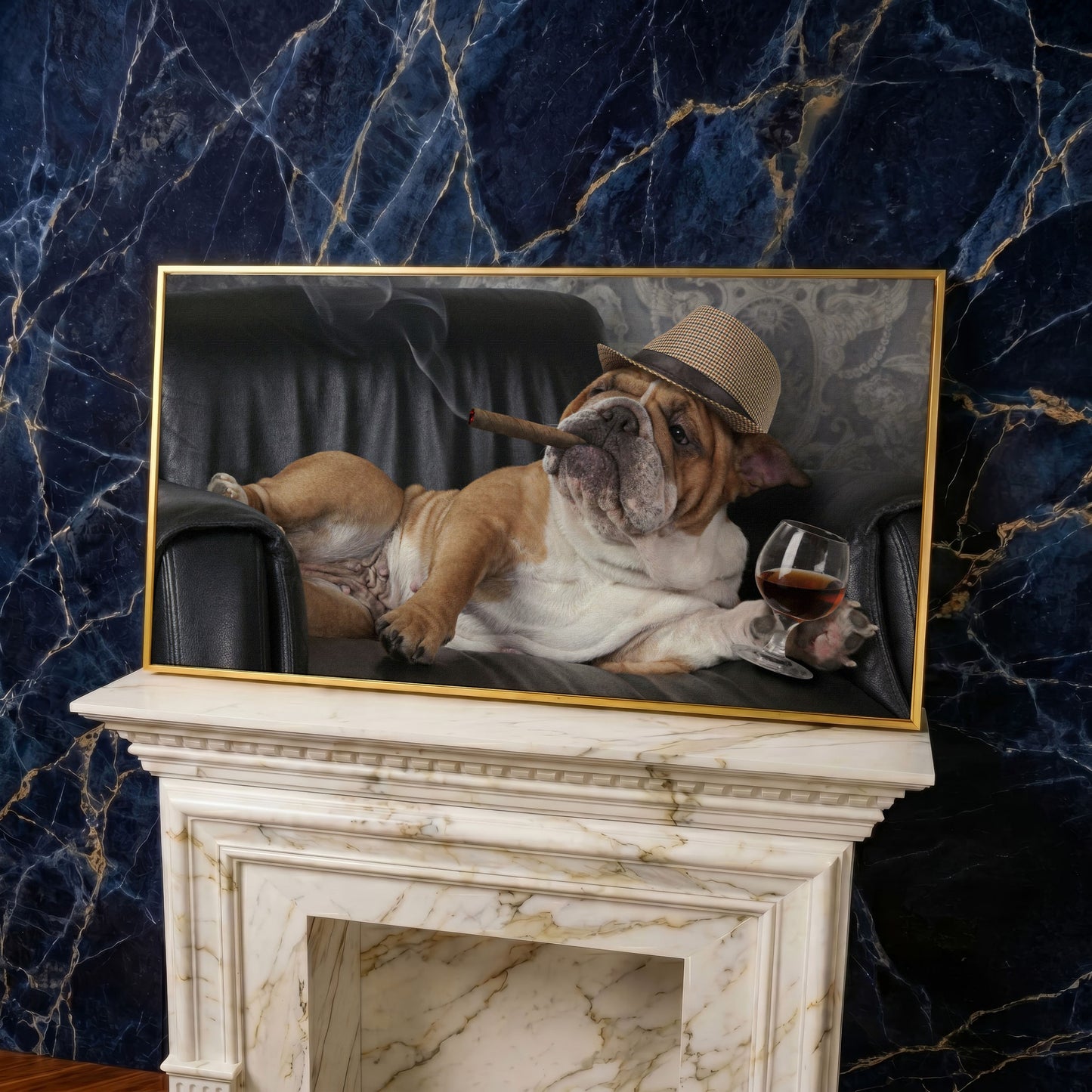 English Bulldog with Cigar and Whiskey Canvas in yellow gold floating frame