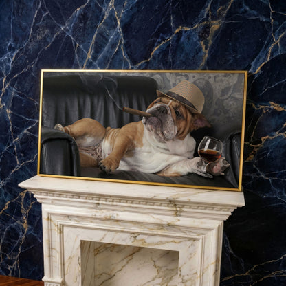 English Bulldog with Cigar and Whiskey Canvas in yellow gold floating frame