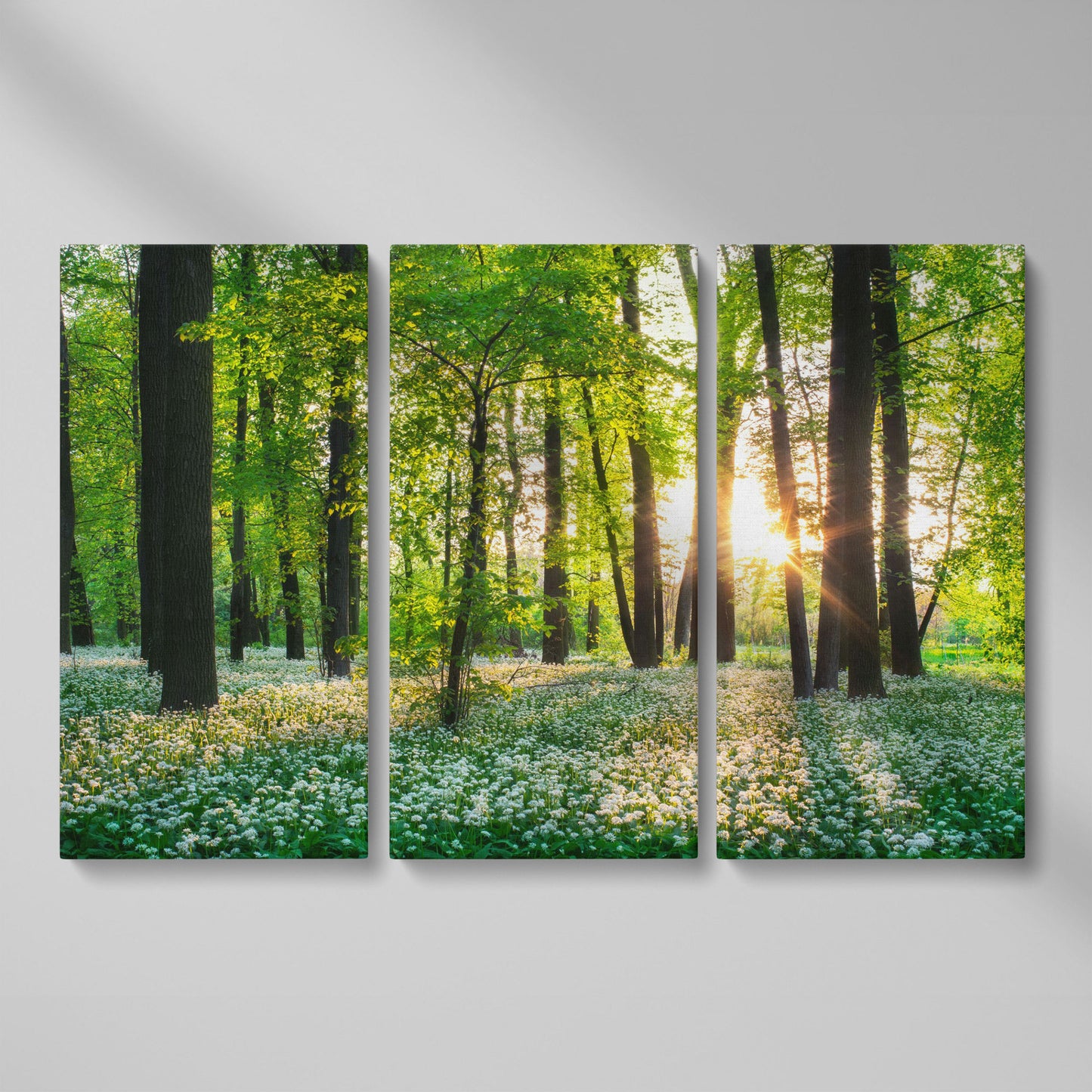 Sunny Forest Sunset with Wildflowers Canvas as 3-panel split version