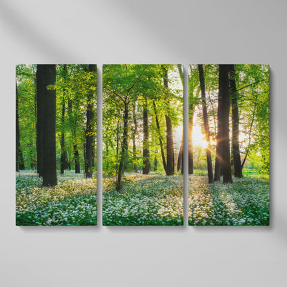 Sunny Forest Sunset with Wildflowers Canvas as 3-panel split version