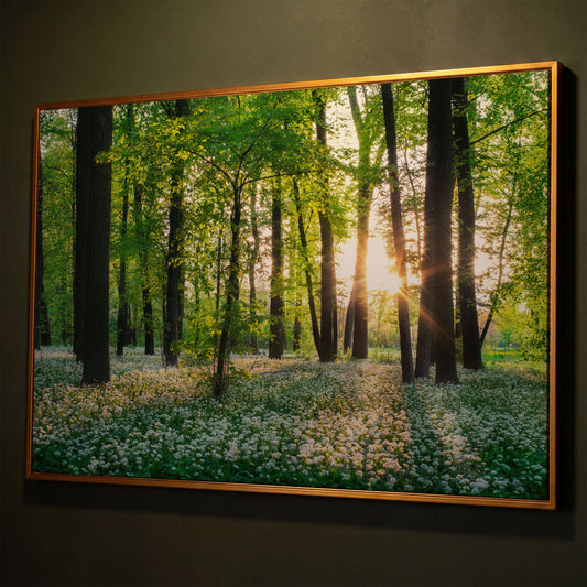 Sunny Forest Sunset with Wildflowers Canvas shown in antique gold floating frame