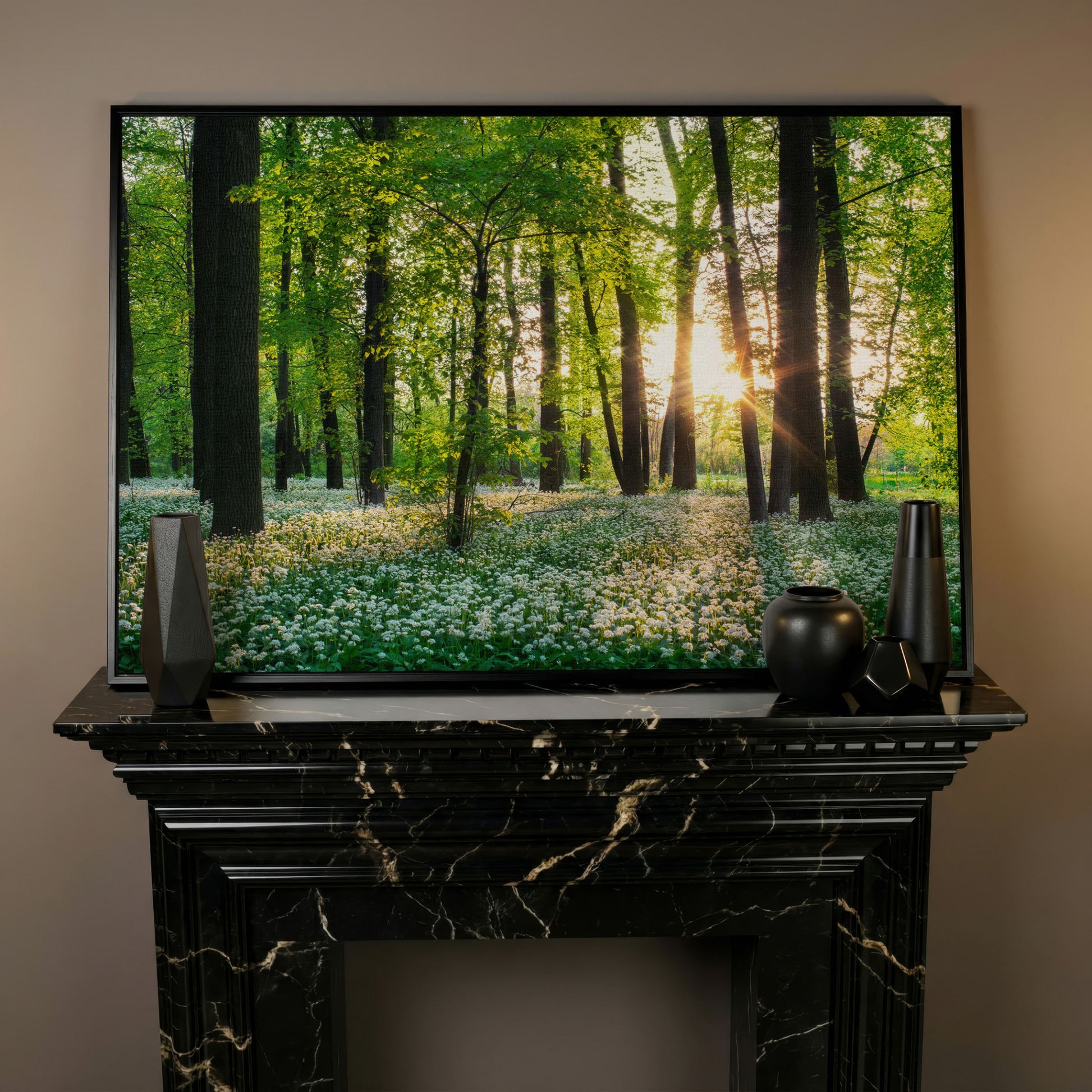Sunny Forest Sunset with Wildflowers Canvas in black floating frame
