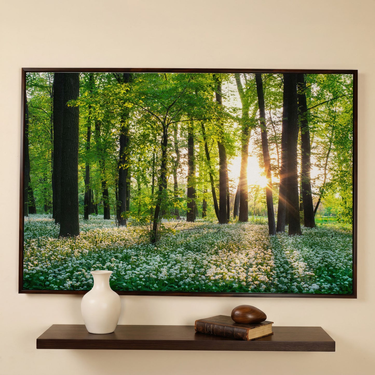 Sunny Forest Sunset with Wildflowers Canvas in dark walnut floating frame