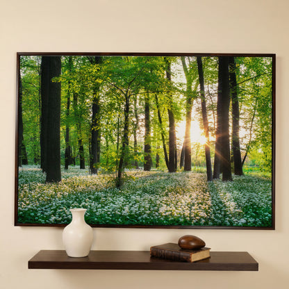 Sunny Forest Sunset with Wildflowers Canvas in dark walnut floating frame