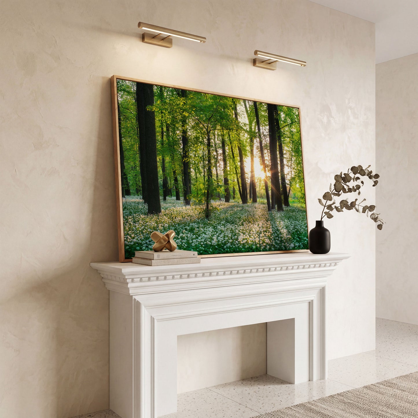 Sunny Forest Sunset with Wildflowers Canvas in white oak floating frame