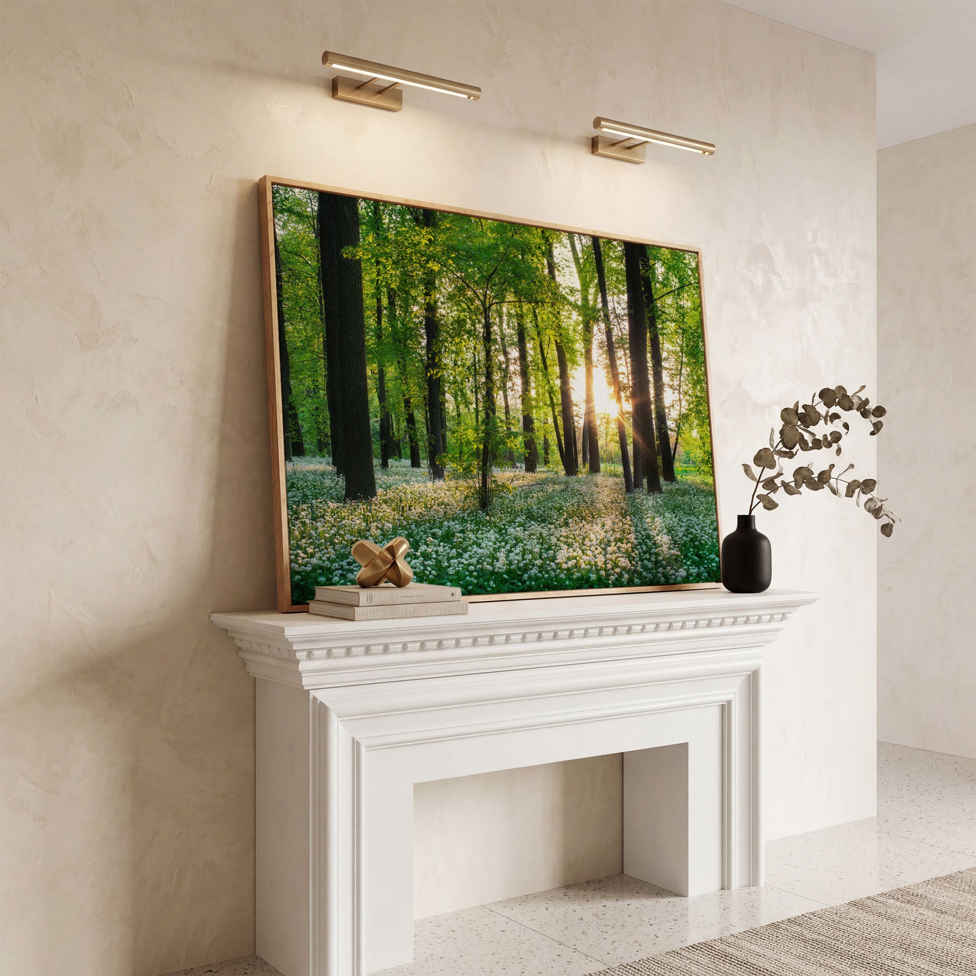 Sunny Forest Sunset with Wildflowers Canvas in white oak floating frame