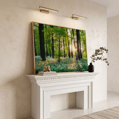 Sunny Forest Sunset with Wildflowers Canvas in white oak floating frame