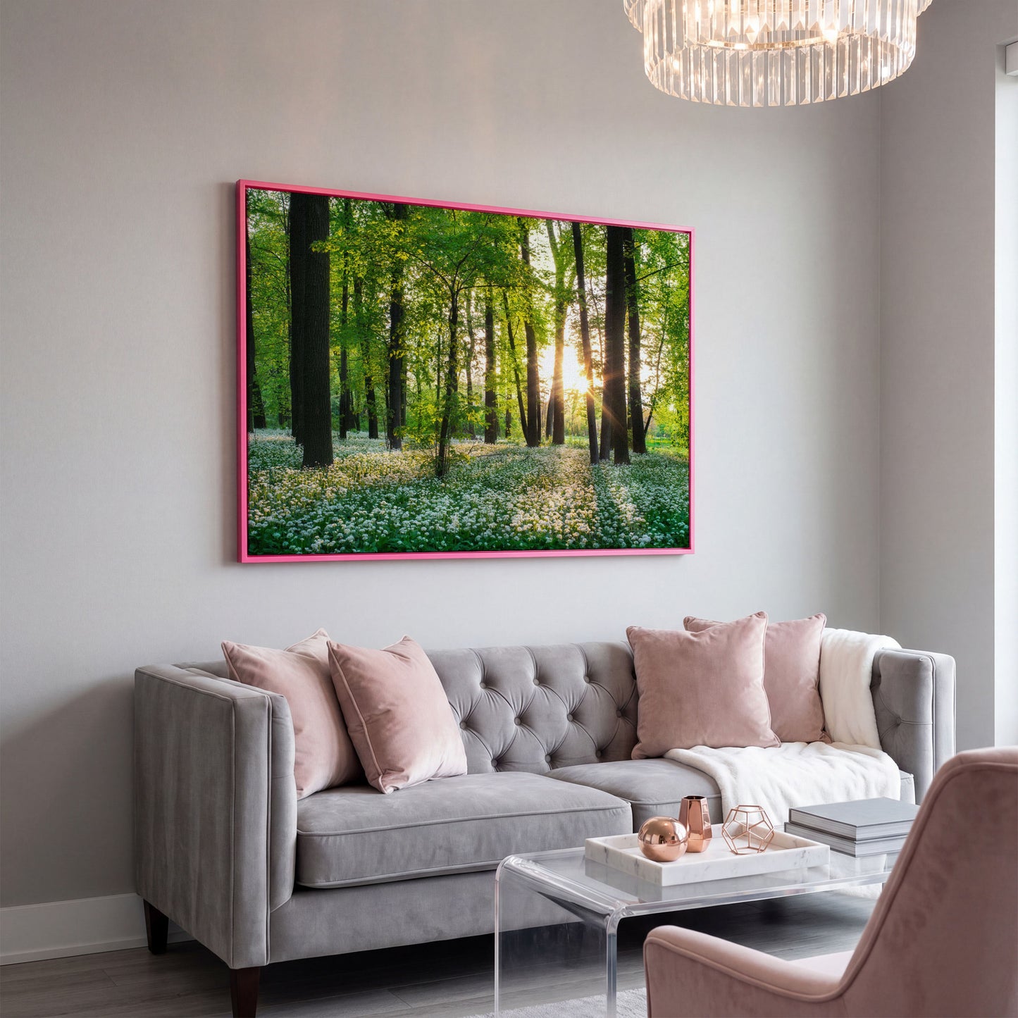 Sunny Forest Sunset with Wildflowers Canvas in pink floating frame