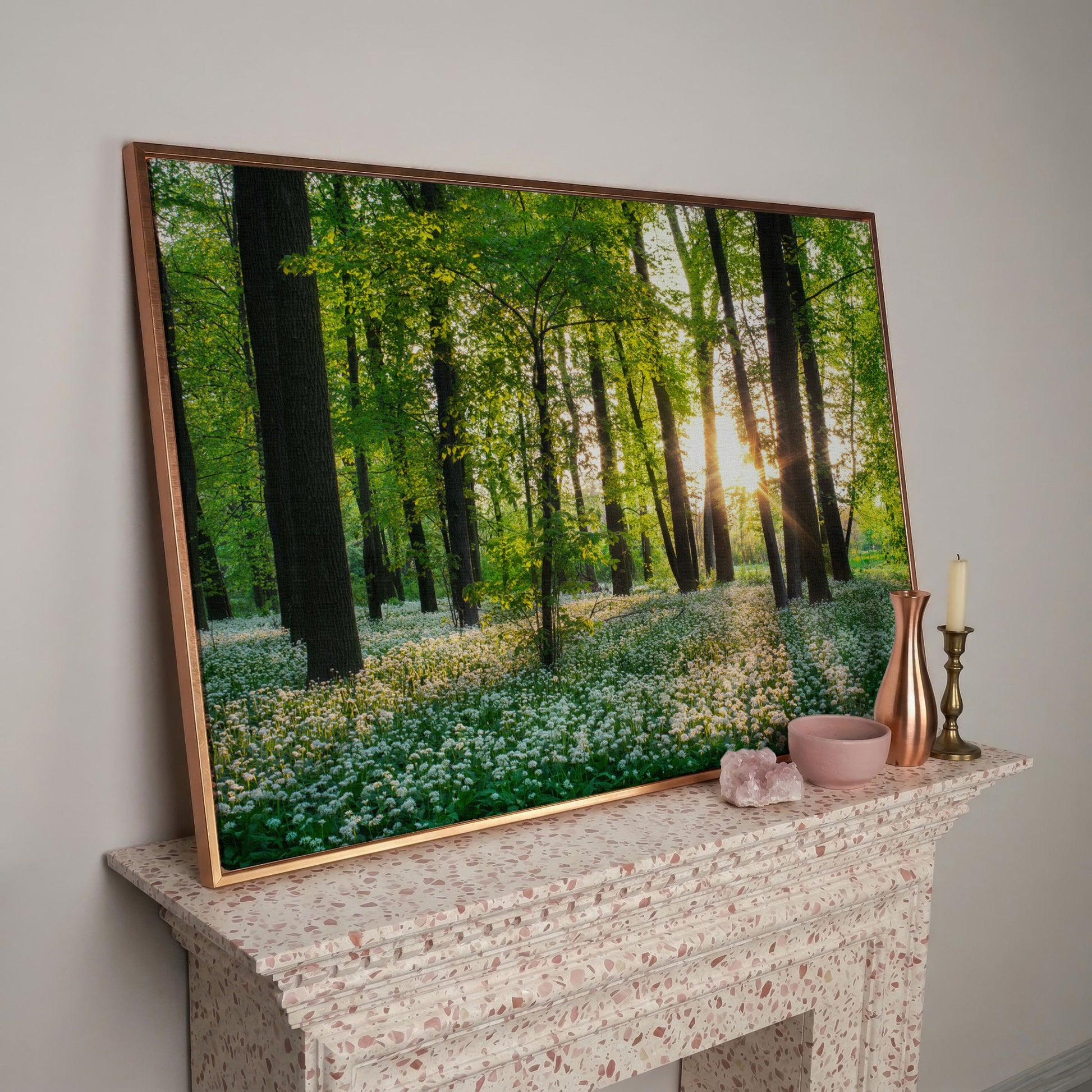 Sunny Forest Sunset with Wildflowers Canvas in rose gold floating frame