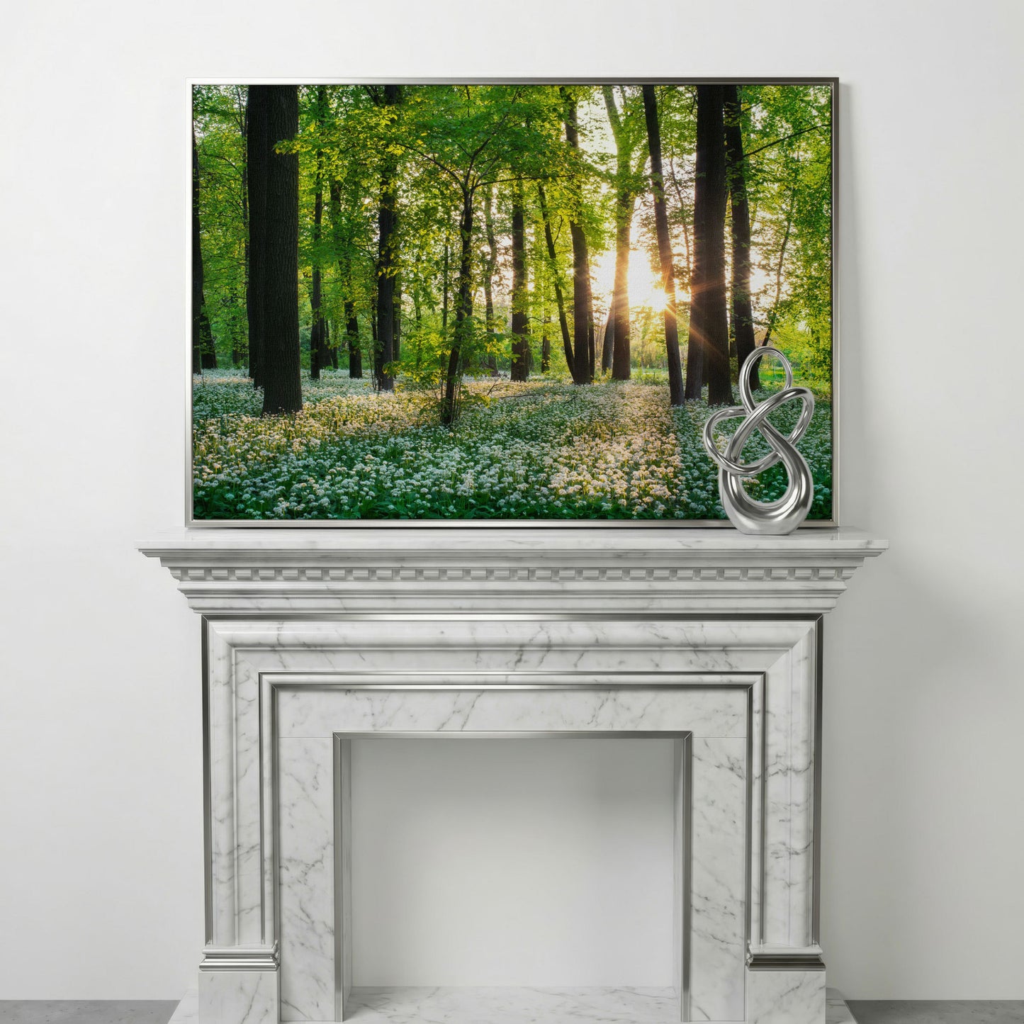 Sunny Forest Sunset with Wildflowers Canvas in silver floating frame