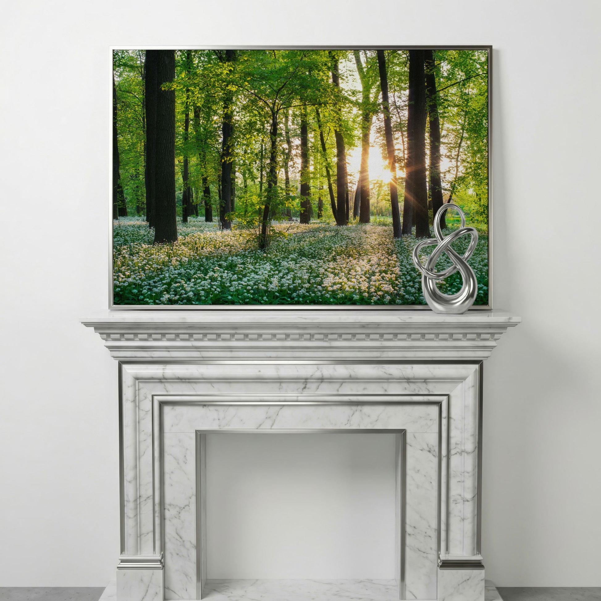 Sunny Forest Sunset with Wildflowers Canvas in silver floating frame