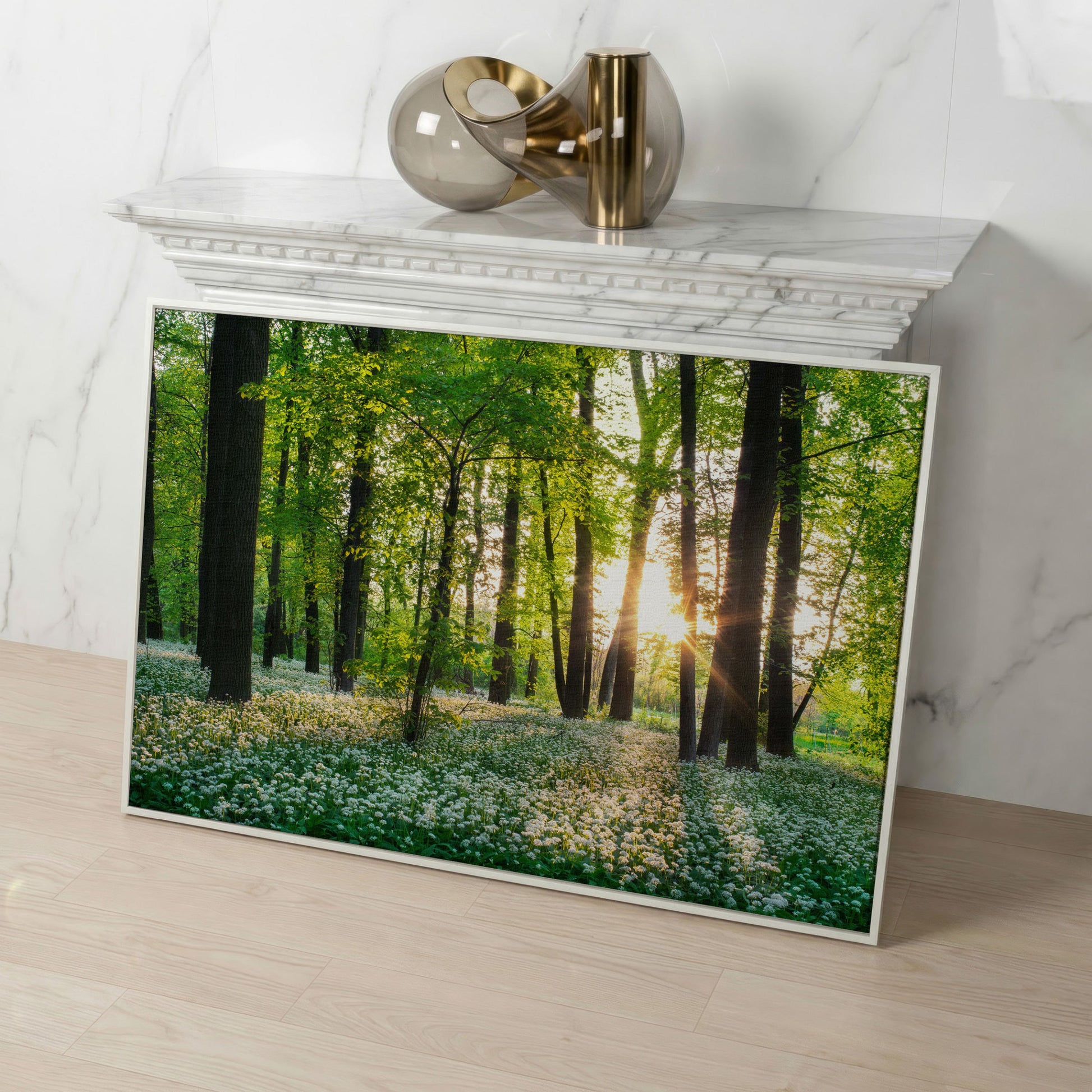 Sunny Forest Sunset with Wildflowers Canvas in white floating frame